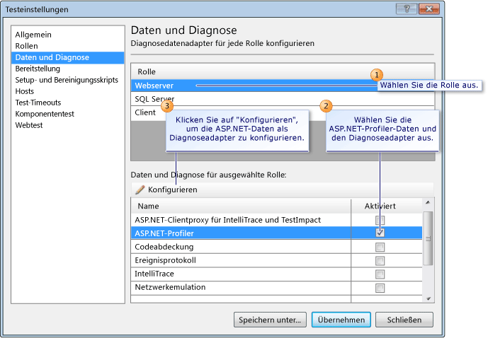 Konfigurieren von Testeinstellungen für ASP.NET-Profiler