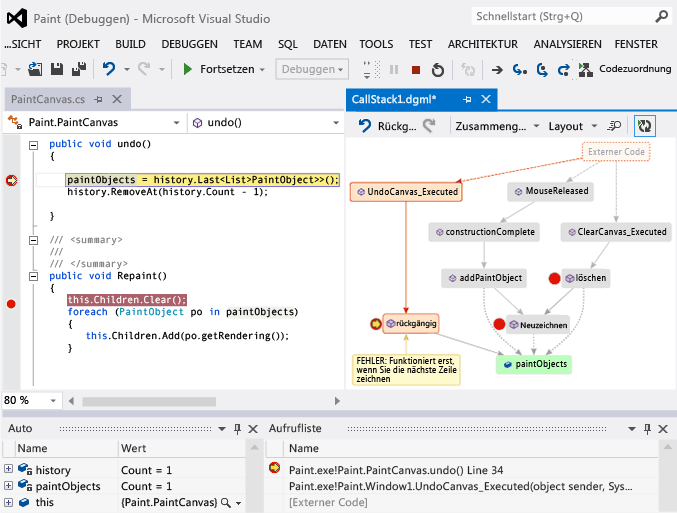 Debuggen mit Aufruflisten in Codezuordnungen