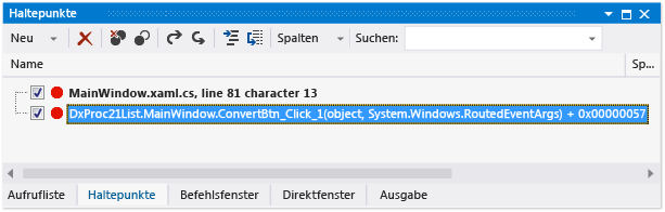 Aufruflistenhaltepunkte im Fenster "Haltepunkte"