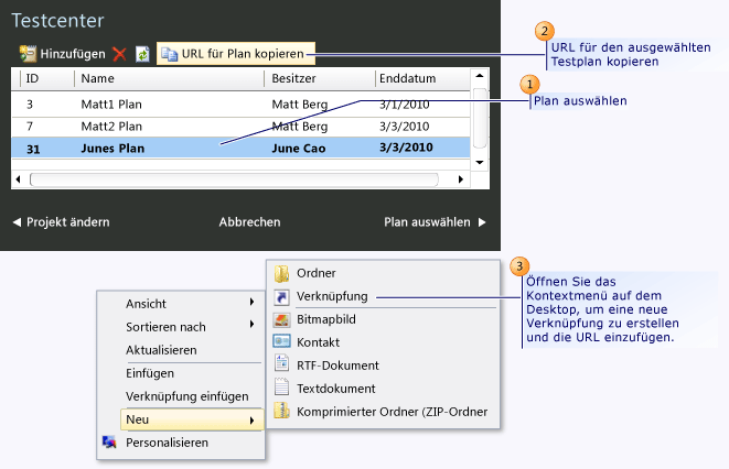 Kopieren der URL für einen Testplan