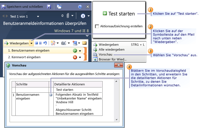 Aktionsschritte in einem geladenen Test in der Vorschau anzeigen