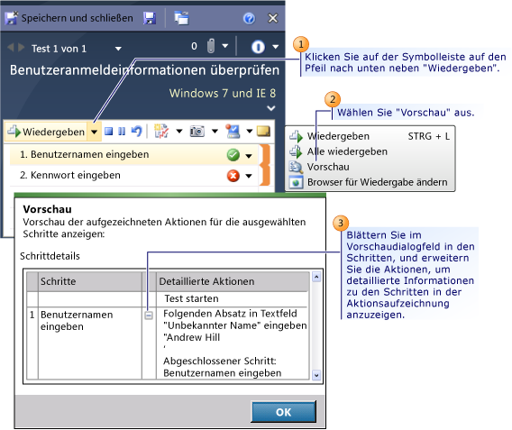Eine Vorschau der Aktionsschritte in einem zuvor geladenen Test anzeigen