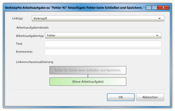 Neue verknüpfte Aufgabe zu einem Problem oder Fehler hinzufügen