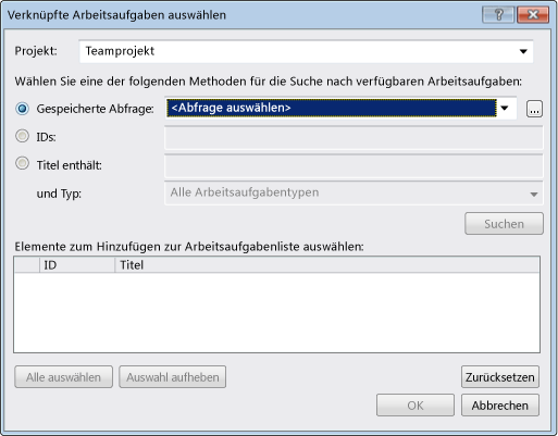 Bildschirmabbildung mit dem Formular zum Auswählen verknüpfter Arbeitsaufgaben