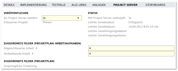 Standardfelder der Registerkarte "Project Server"