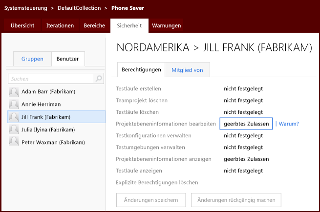 Berechtigungen in Team Web Access