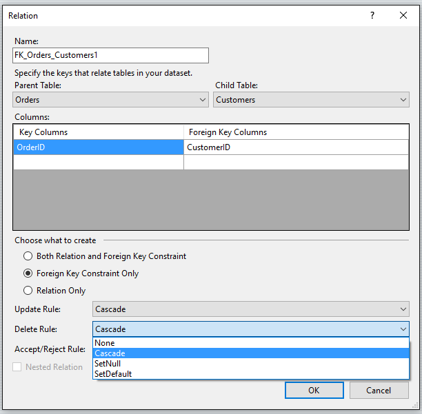 Dataset Relation dialog