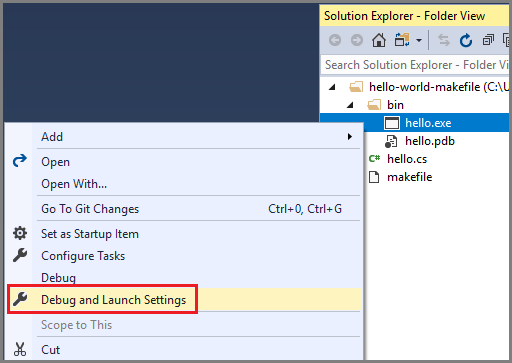 Debug and Launch Settings context menu