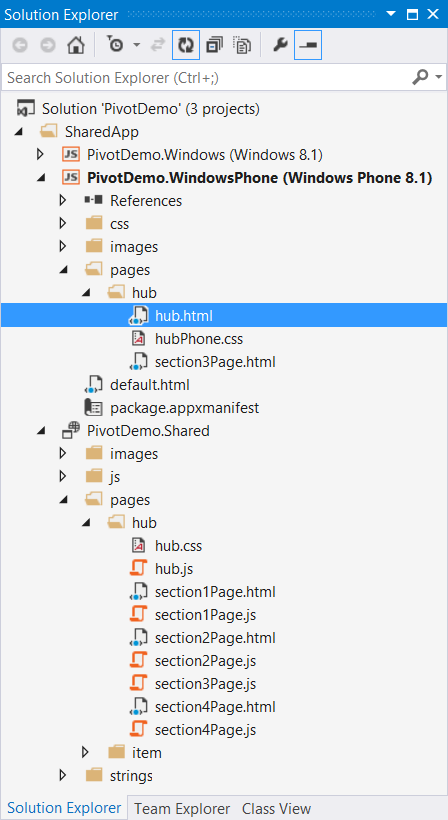 Dateien in der neuen Projektmappe "Hub-/Pivot-App"