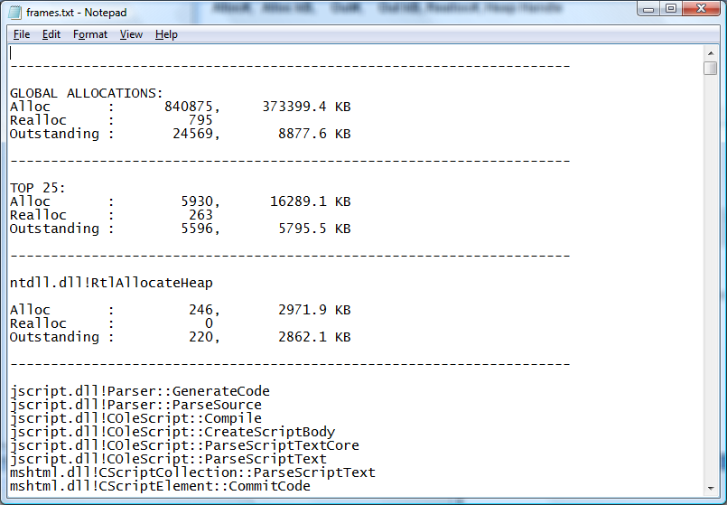 screen shot of a notepad window listing a heap action limited to the top twenty-five allocations and culled for superfluous frames