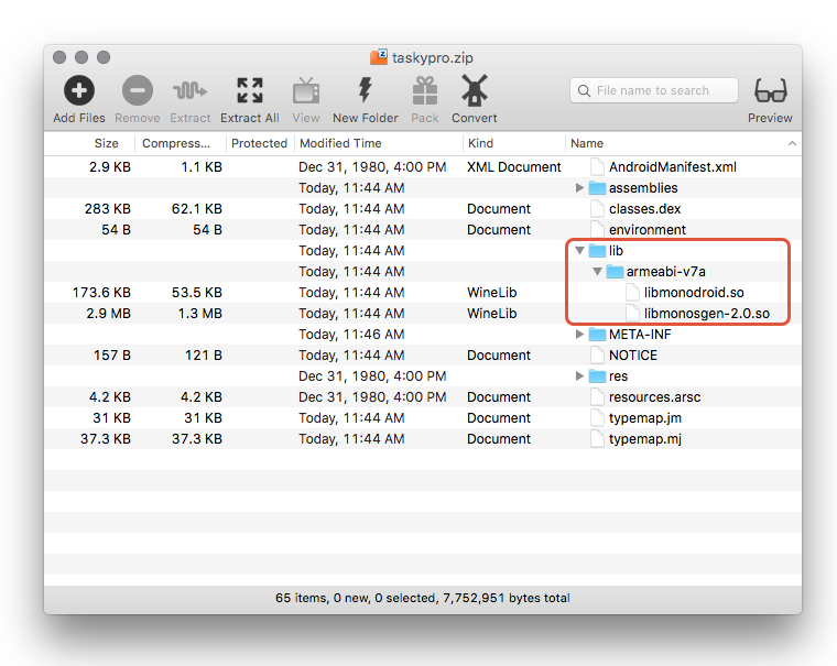 Screenshot: SO-Dateien im Ordner armeabi-v7a von taskypro.zip