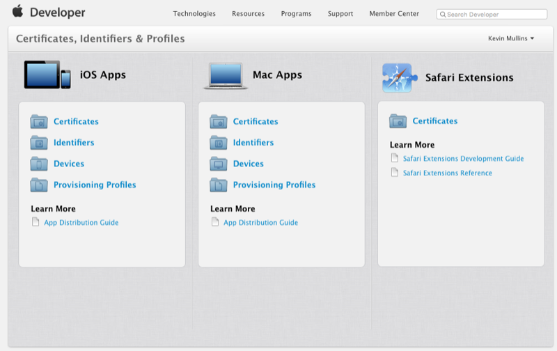 Selecting Certificates, Identifiers & Profiles