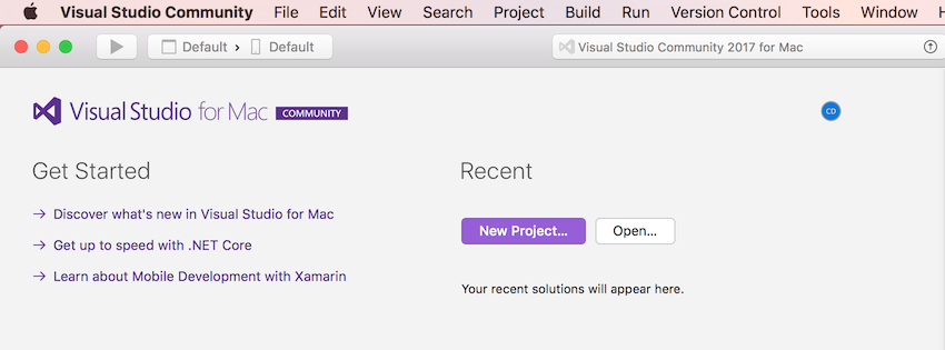 Die Hauptbenutzeroberfläche von Visual Studio für Mac