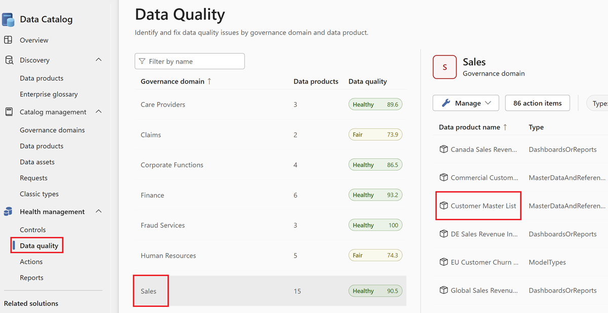 Screenshot der Datenqualitätsseite mit ausgewählter Governancedomäne und hervorgehobenem Datenprodukt