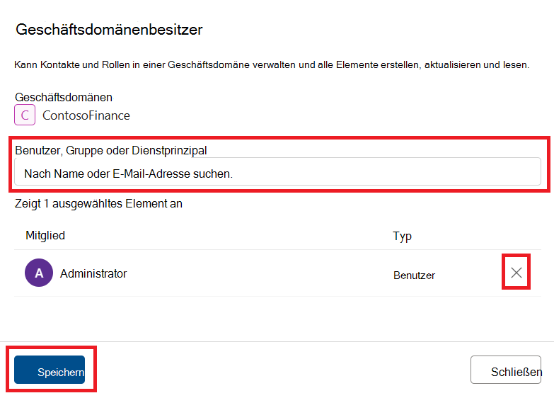 Screenshot of the governance domains roles edit page with the search, x, and save buttons highlighted.