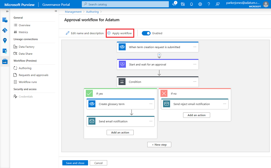 Screenshot showing the new data catalog workflow menu with the Apply Workflow button highlighted at the top of the workspace.