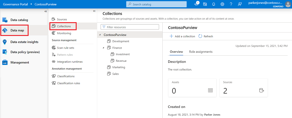 Screenshot des Microsoft Purview-Governanceportals, das für data map geöffnet wurde und die Registerkarte 