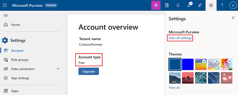 Screenshot der Einstellungsseite im Microsoft Purview-Portal.