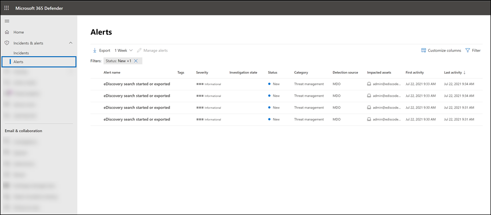 Wählen Sie im Microsoft Defender-Portal Incidents & Warnungen und dann Warnungen aus.