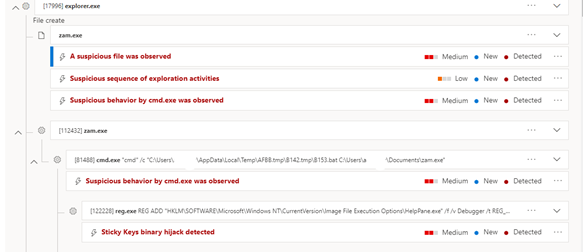 Ein Beispiel für das Erkennen des Sticky Keys Hack im Microsoft Defender-Portal.