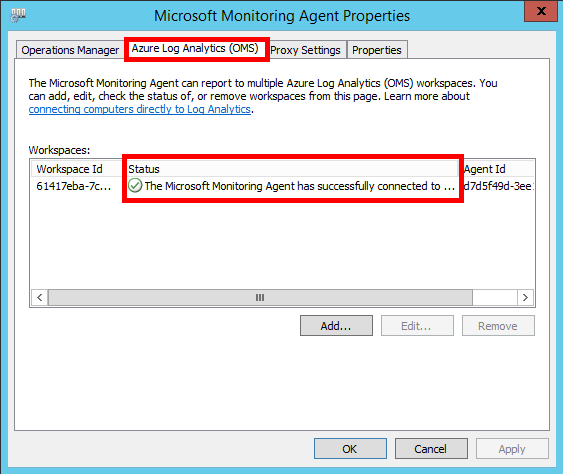 Das Fenster „Eigenschaften“ des Microsoft Monitoring Agent, in dem die Registerkarte „Azure Log Analytics“ hervorgehoben und die erfolgreiche Verbindung angezeigt wird.