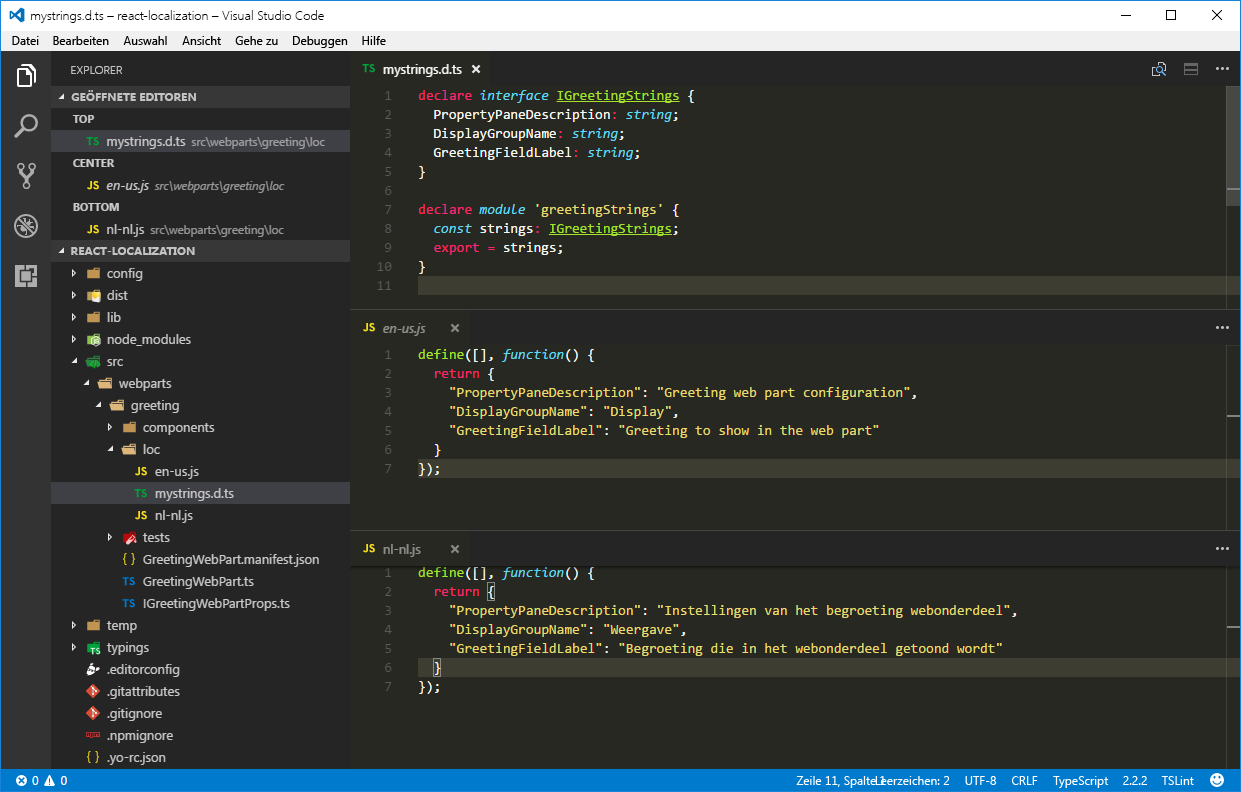 Die TypeScript-Typ-Definitionsdatei für die Lokalisierung und die Gebietsschemadateien für US-Englisch und Niederländisch (Niederlande) werden im Visual Studio-Code nebeneinander geöffnet