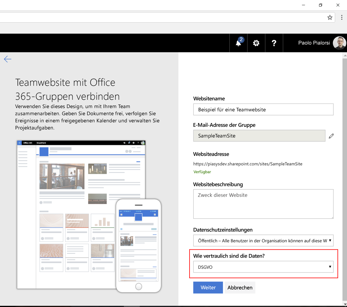 Die Option „Websiteklassifizierung“ beim Erstellen einer „modernen“ Website in SharePoint Online