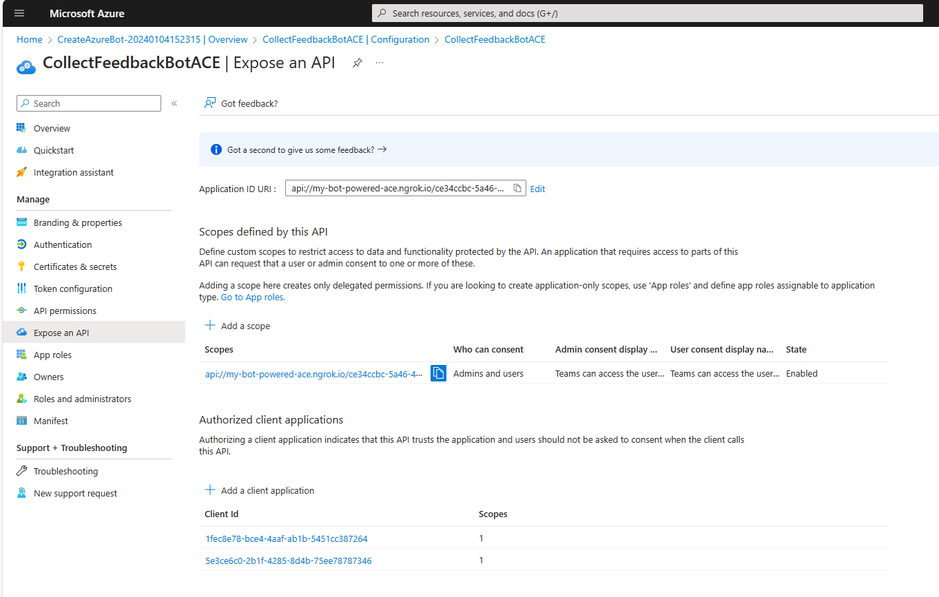 The "Expose an API" panel configured with a custom Application ID URI, a custom scope with name "access_as_user", and a couple of authorized client applications.