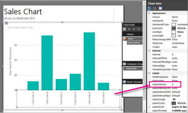 Screenshot, der die Vorgehensweise zum Festlegen des Beschriftungsintervalls für das Säulendiagramm in Report Builder zeigt.