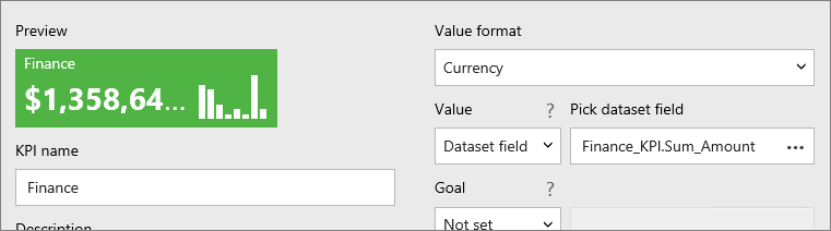 Screenshot: KPI-Vorschau, in der „Wertformat“ auf „Währung“ festgelegt ist