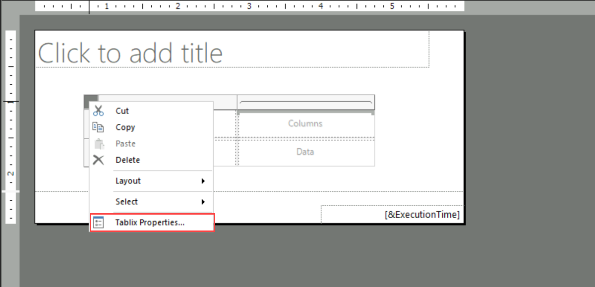 Screenshot des Kontextmenüs für eine Datenregion mit Hervorhebung der Option Tablix-Eigenschaften.