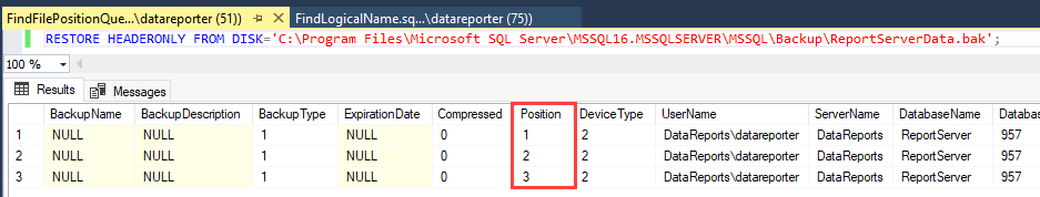 Screenshot einer RESTORE HEADERONLY-Anweisung in einem SQL Server Management Studio-Abfragefenster. In der Ausgabe wird die Spalte 