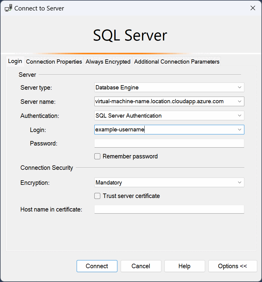 Screenshot des Verbindungsdialoges für SQL virtueller Computer.