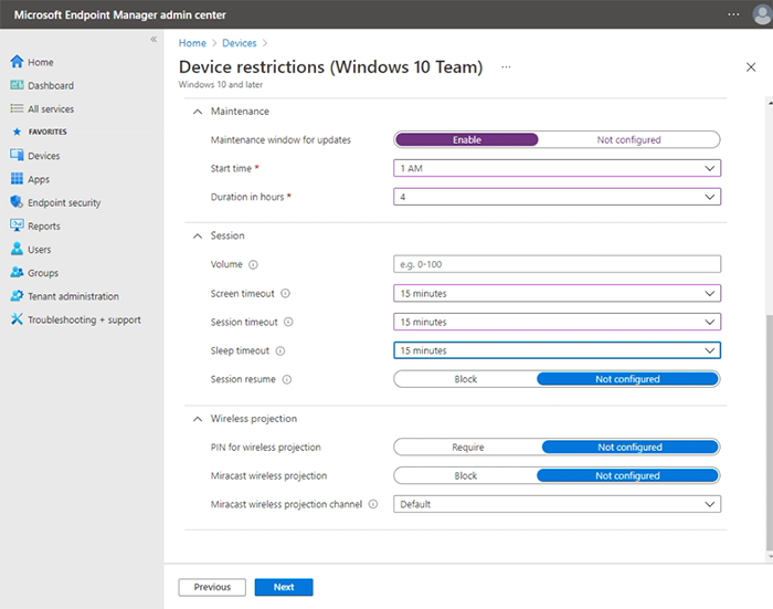 Screenshot: Konfiguration der Surface Hub-Einstellungen mit dem Intune-Geräteeinschränkungsprofil