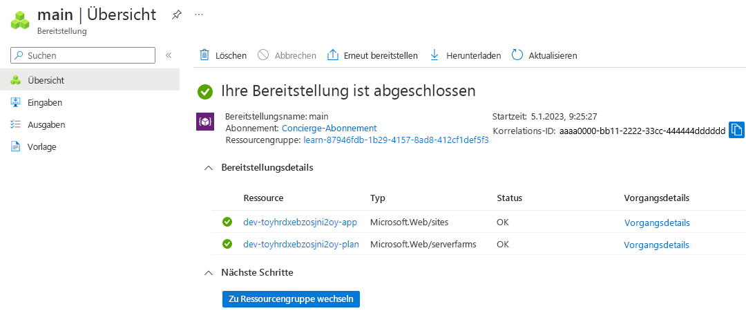 Screenshot der Oberfläche des Azure-Portals für die spezifische Bereitstellung mit aufgelistetem App Service-Plan und App.