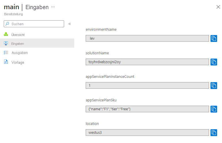 Screenshot der Oberfläche des Azure-Portals für die spezifische Bereitstellung mit den Parameterwerten.