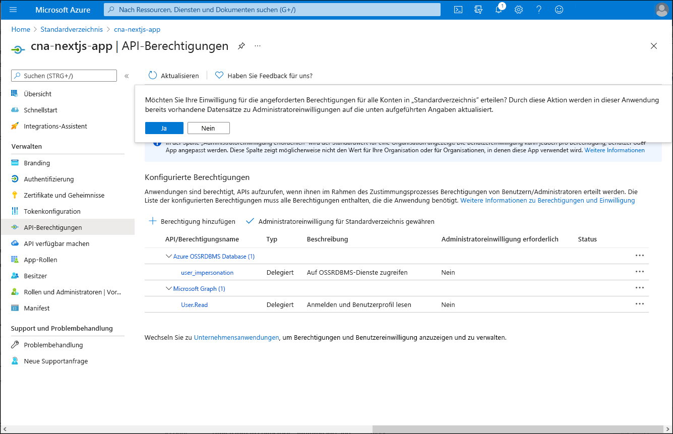 Screenshot: Blatt „cna-nextjs-app – API-Berechtigungen“ im Azure-Portal mit der Aufforderung, das Erteilen der Administratoreinwilligung zu bestätigen