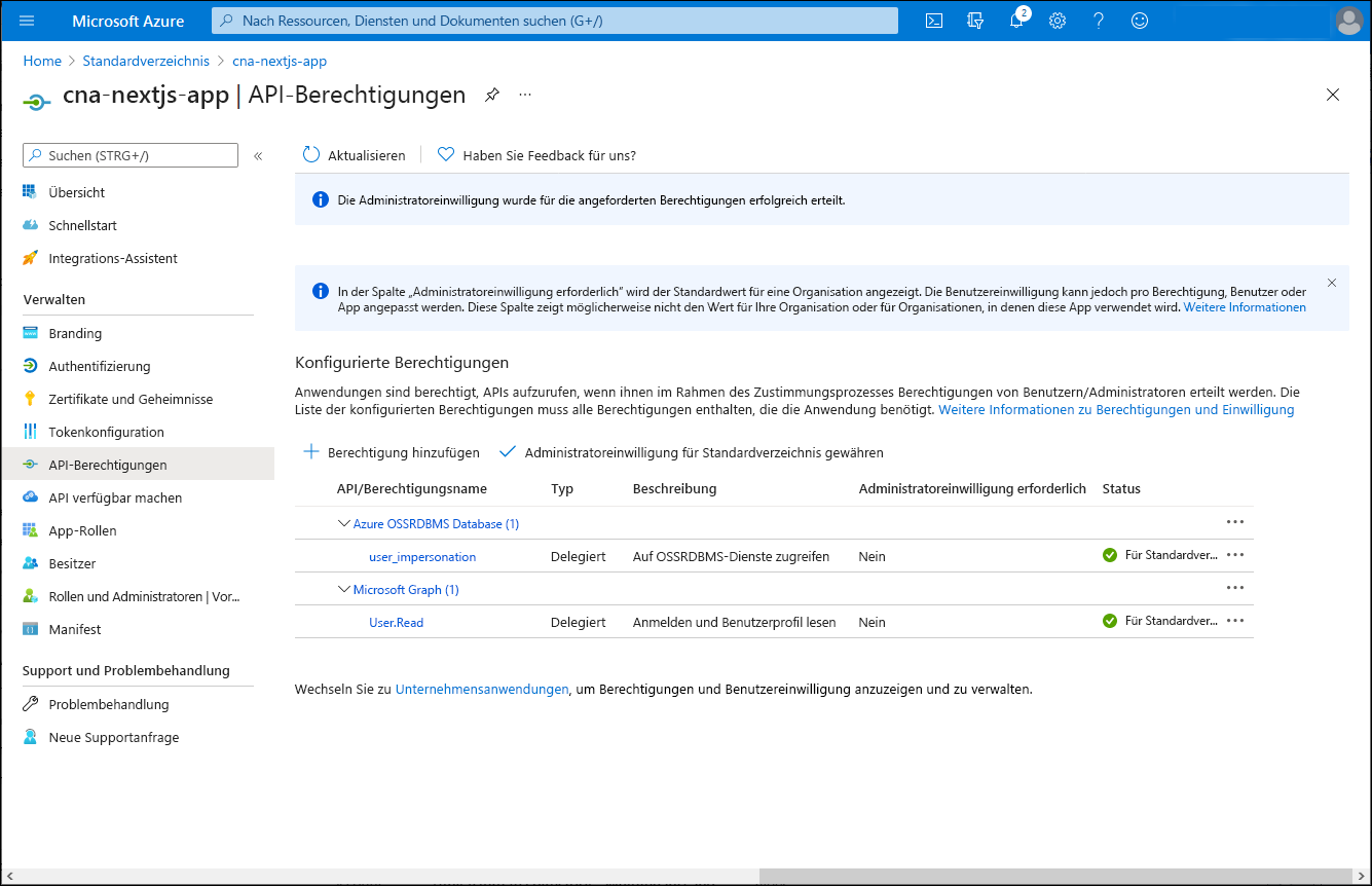 Screenshot: Blatt „cna-nextjs-app – API-Berechtigungen“ im Azure-Portal mit erteilter Einwilligung und Berechtigungen