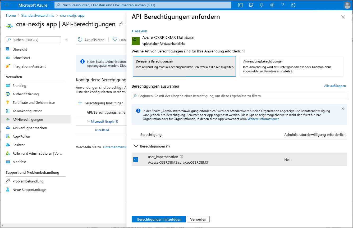 Screenshot: Blatt „API-Berechtigung anfordern“ im Azure-Portal mit ausgewählter Option „Delegierte Berechtigungen“