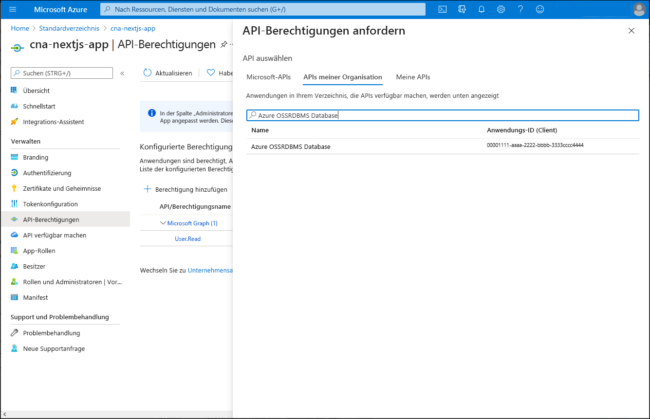 Screenshot: Blatt „API-Berechtigung anfordern“ im Azure-Portal