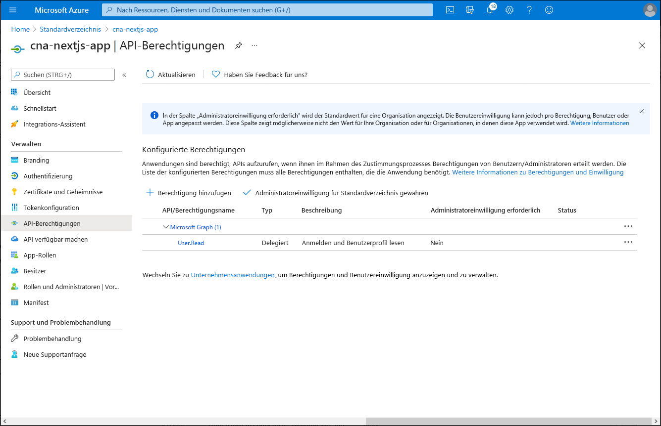 Screenshot: Blatt „cna-nextjs-app – API-Berechtigungen“ im Azure-Portal