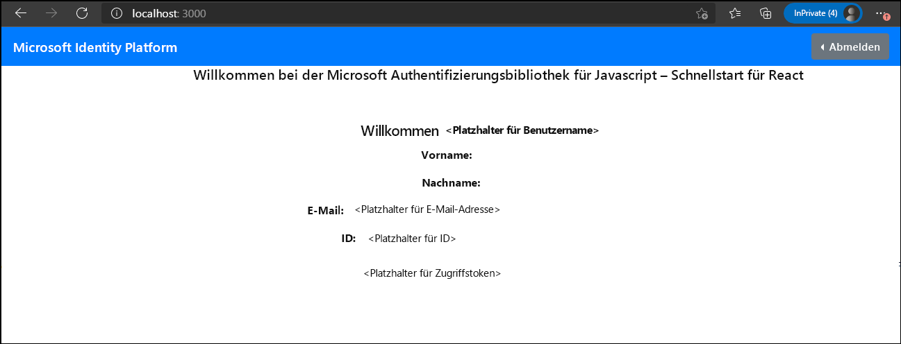 Screenshot der Seite „Willkommen bei der Microsoft-Authentifizierungsbibliothek für JavaScript – React-Schnellstart“ mit den Profilinformationen für adatumuser1.