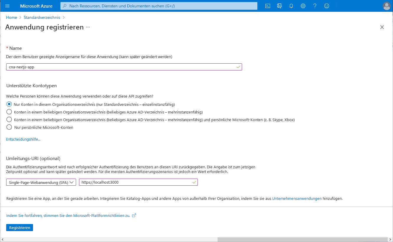 Screenshot: Blatt „Anwendung registrieren“ im Azure-Portal