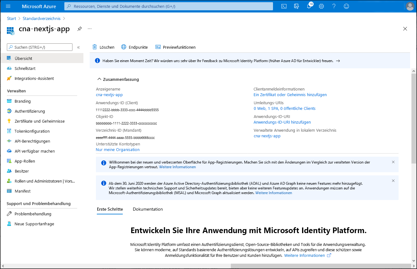 Screenshot: Blatt „cna-nextjs-app“ im Azure-Portal