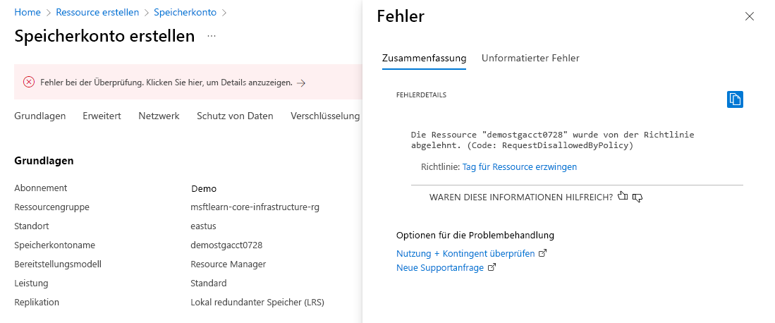 Screenshot of Azure portal showing a policy validation failure on a new storage account without a tag.