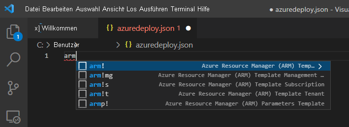 Visual Studio Code azuredeploy.json file showing the snippet choices for Azure Resource Manager templates.