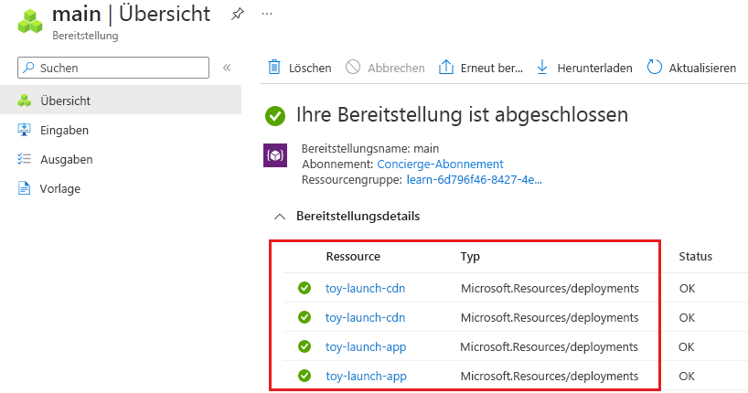 Screenshot: Bereitstellungsdetails für die Bereitstellung „main“ im Azure-Portal