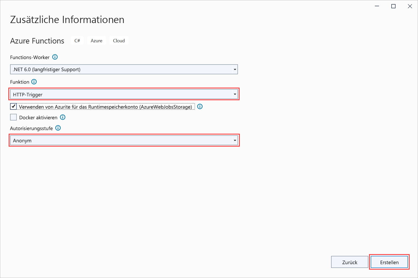 Screenshot: Azure Functions-Trigger mit hervorgehobenem HTTP-Trigger