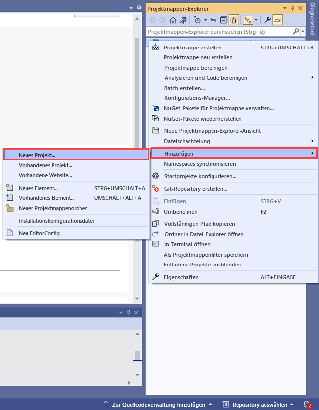 Screenshot: Projektmappen-Explorer mit dem Befehl zum Hinzufügen eines neuen Projekts zur Projektmappe