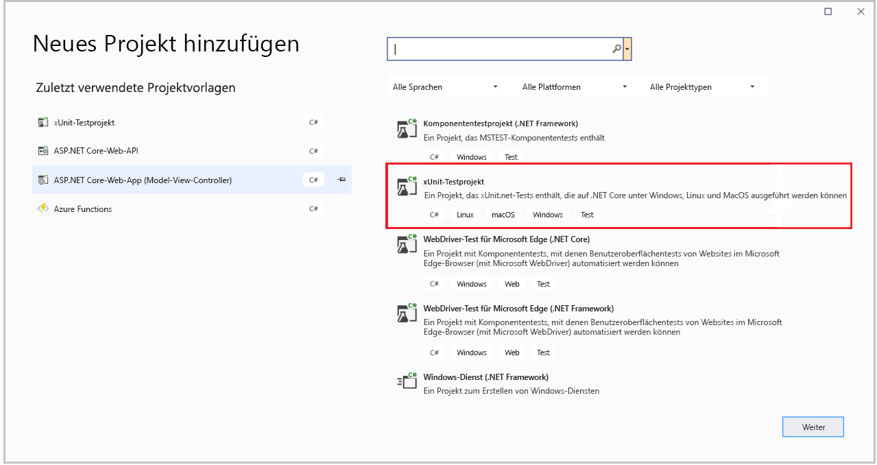 Screenshot des Fensters „Neues Projekt hinzufügen“ Die Vorlage „xUnit Test Project“ ist ausgewählt.